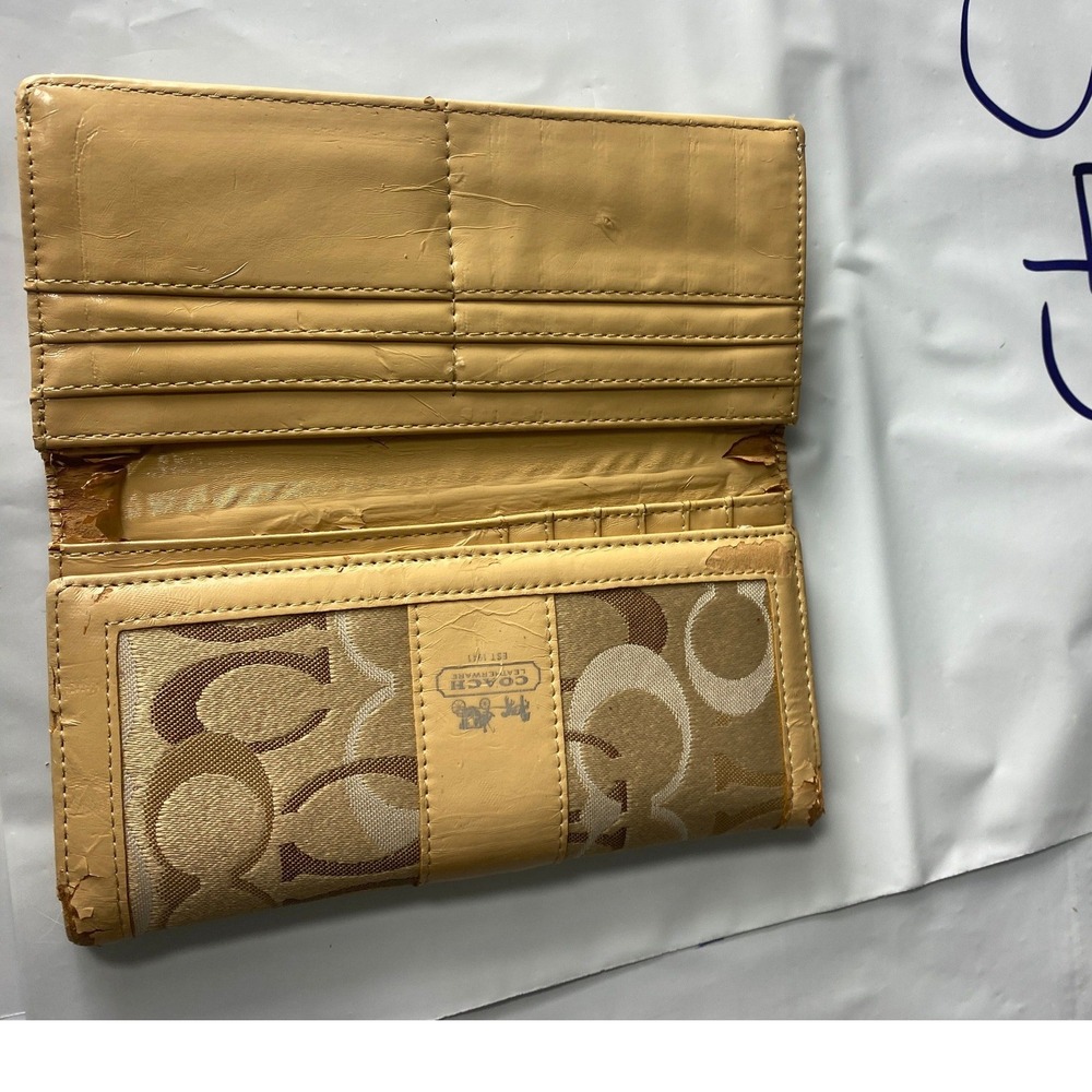Coach Signature C Canvas Leather Trifold Wallet Tan Brown